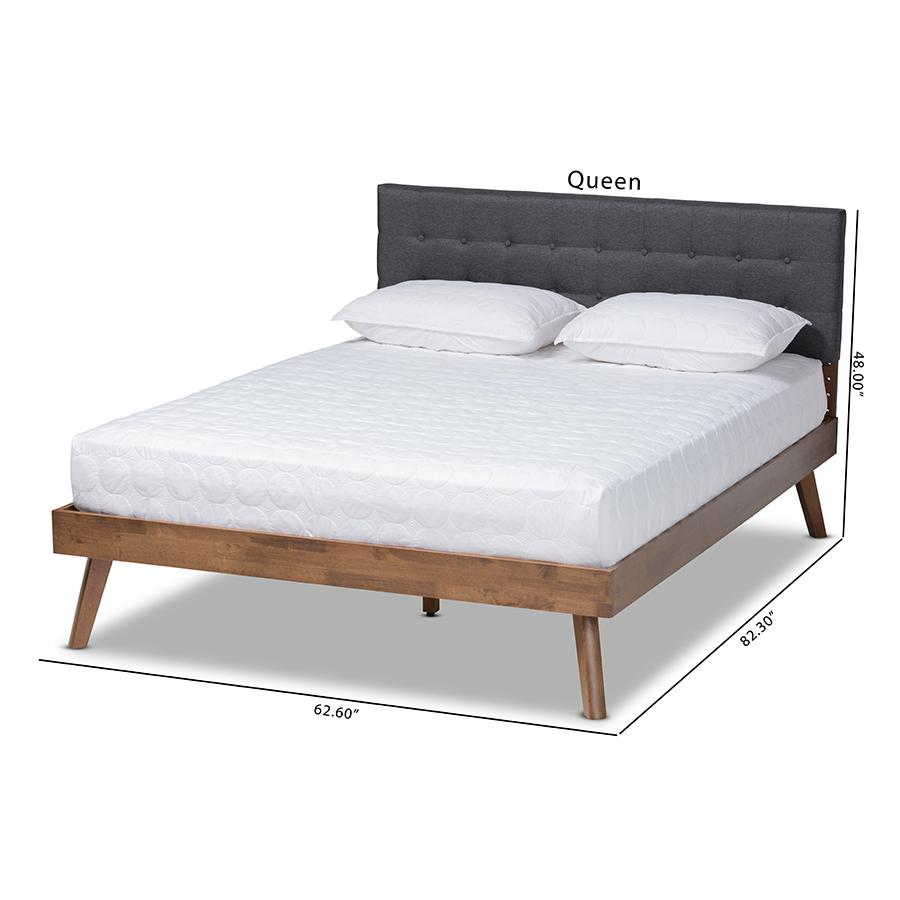 Dark Grey Fabric Upholstered Walnut Brown Finished Wood Queen Size Platform Bed. Picture 9