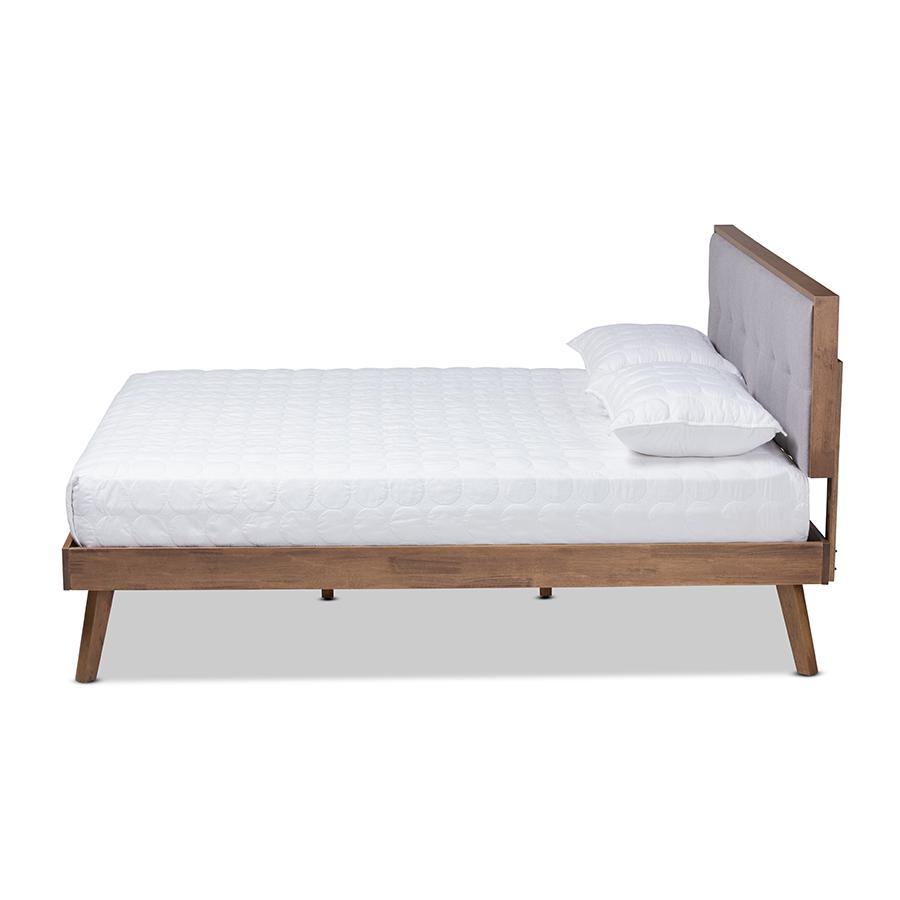 Light Grey Fabric Upholstered Walnut Brown Finished Wood Queen Size Platform Bed. Picture 2