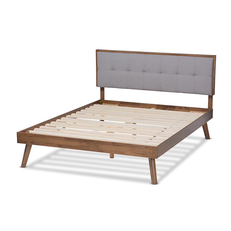 Light Grey Fabric Upholstered Walnut Brown Finished Wood Queen Size Platform Bed. Picture 3