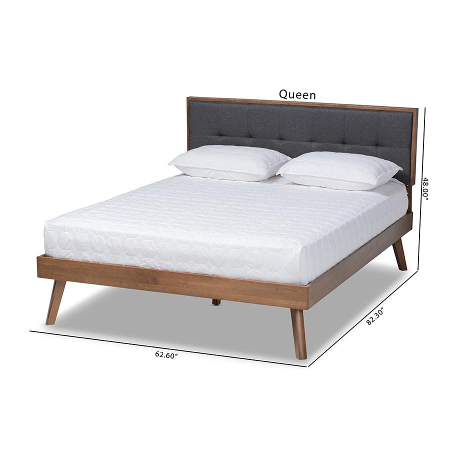 Dark Grey Fabric Upholstered Walnut Brown Finished Wood Queen Size Platform Bed. Picture 9