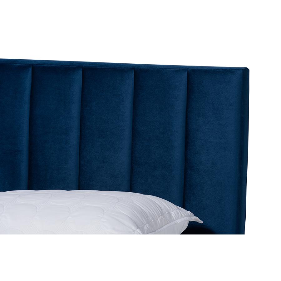 Baxton Studio Clare Glam and Luxe Navy Blue Velvet Fabric Upholstered King Size Panel Bed with Channel Tufted Headboard. Picture 4