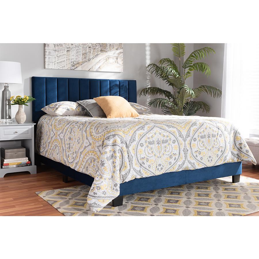 Baxton Studio Clare Glam and Luxe Navy Blue Velvet Fabric Upholstered King Size Panel Bed with Channel Tufted Headboard. Picture 6