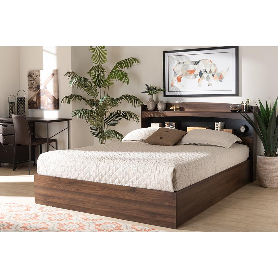 Rustic Walnut Brown Finished Wood Queen Size Platform Bed with Shelves. Picture 15