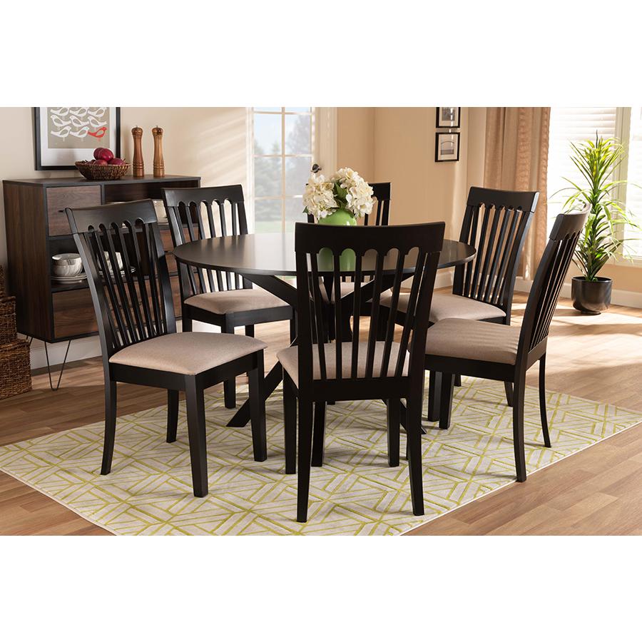 Sand Fabric Upholstered and Dark Brown Finished Wood 7-Piece Dining Set. Picture 19