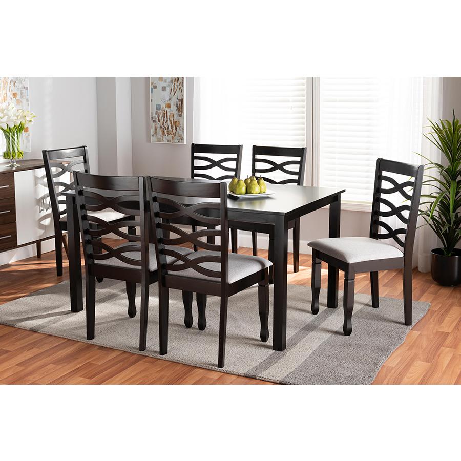 Grey Fabric Upholstered and Dark Brown Finished Wood 7-Piece Dining Set. Picture 19