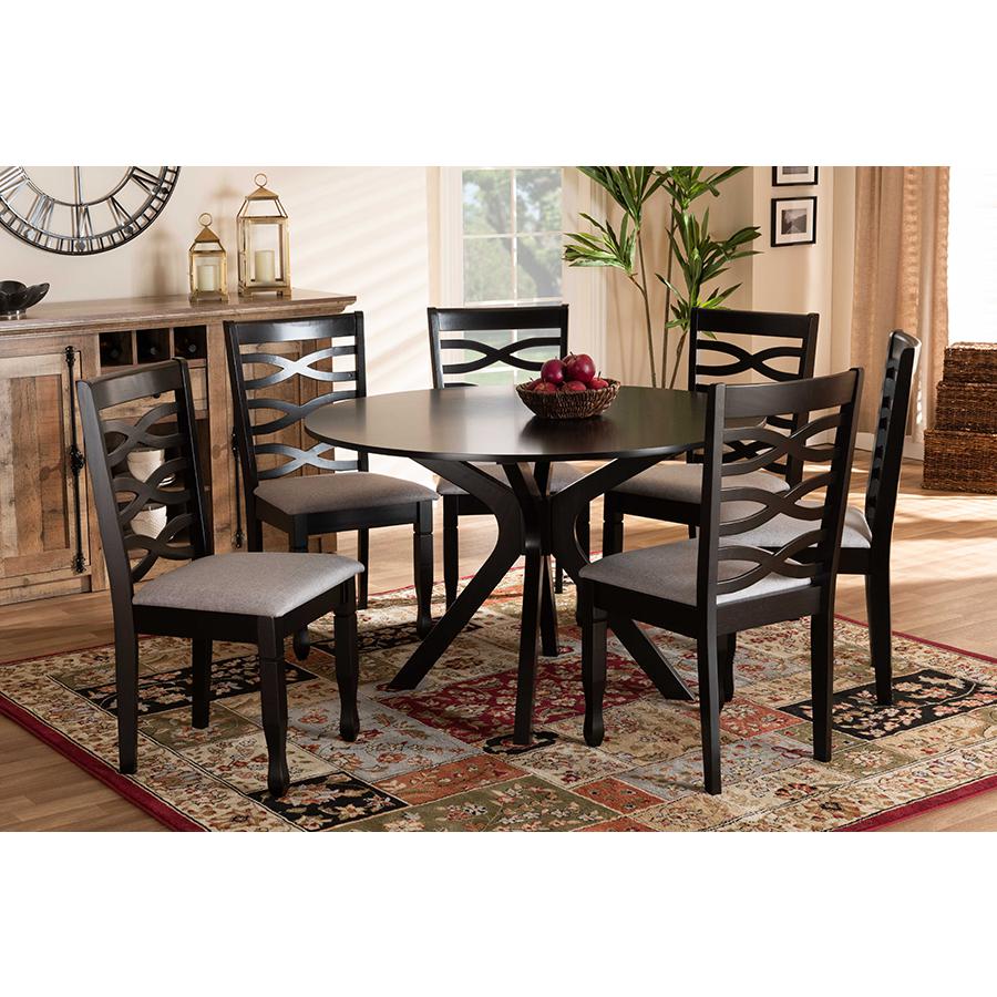 Grey Fabric Upholstered and Dark Brown Finished Wood 7-Piece Dining Set. Picture 19
