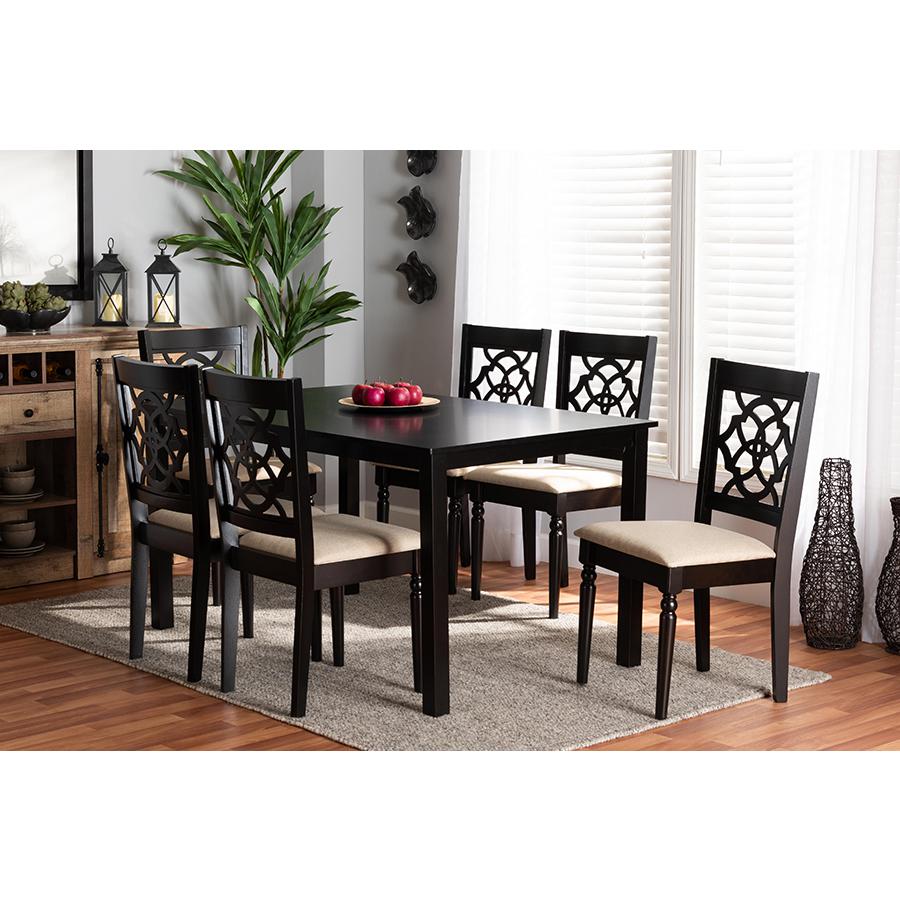 Sand Fabric Upholstered and Dark Brown Finished Wood 7-Piece Dining Set. Picture 19
