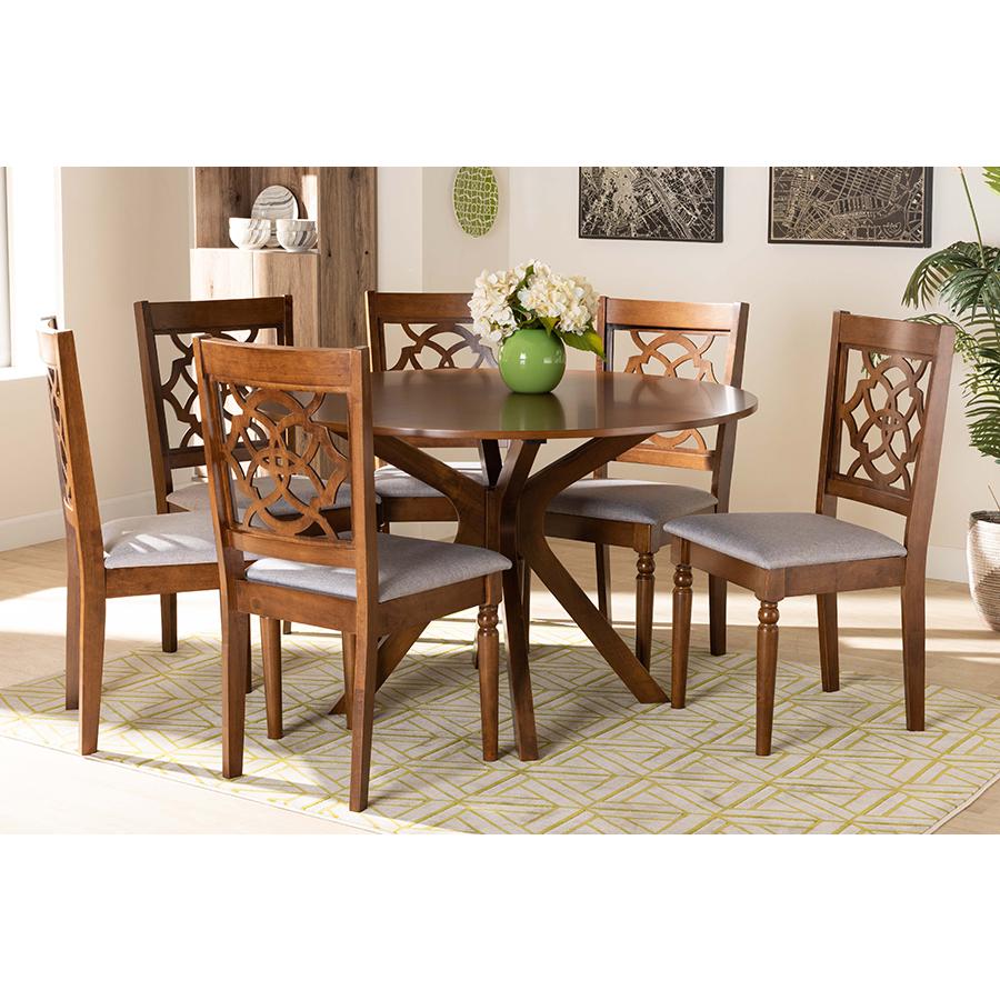 Grey Fabric Upholstered and Walnut Brown Finished Wood 7-Piece Dining Set. Picture 19