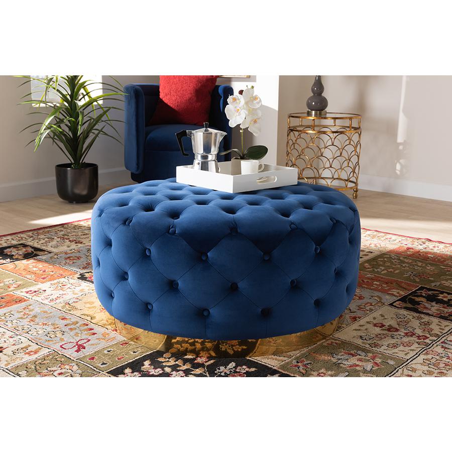 Luxe Royal Blue Velvet Fabric Upholstered Gold Finished Round Cocktail Ottoman. Picture 13