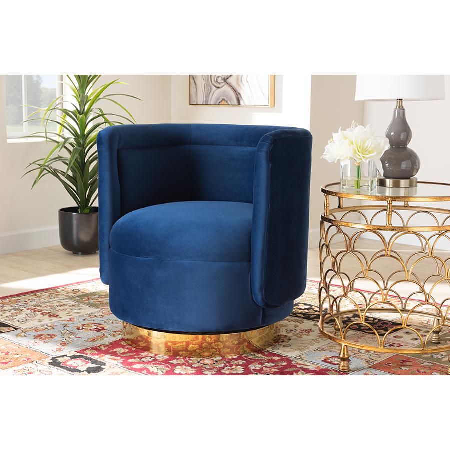 Luxe Royal Blue Velvet Fabric Upholstered Gold Finished Swivel Accent Chair. Picture 17