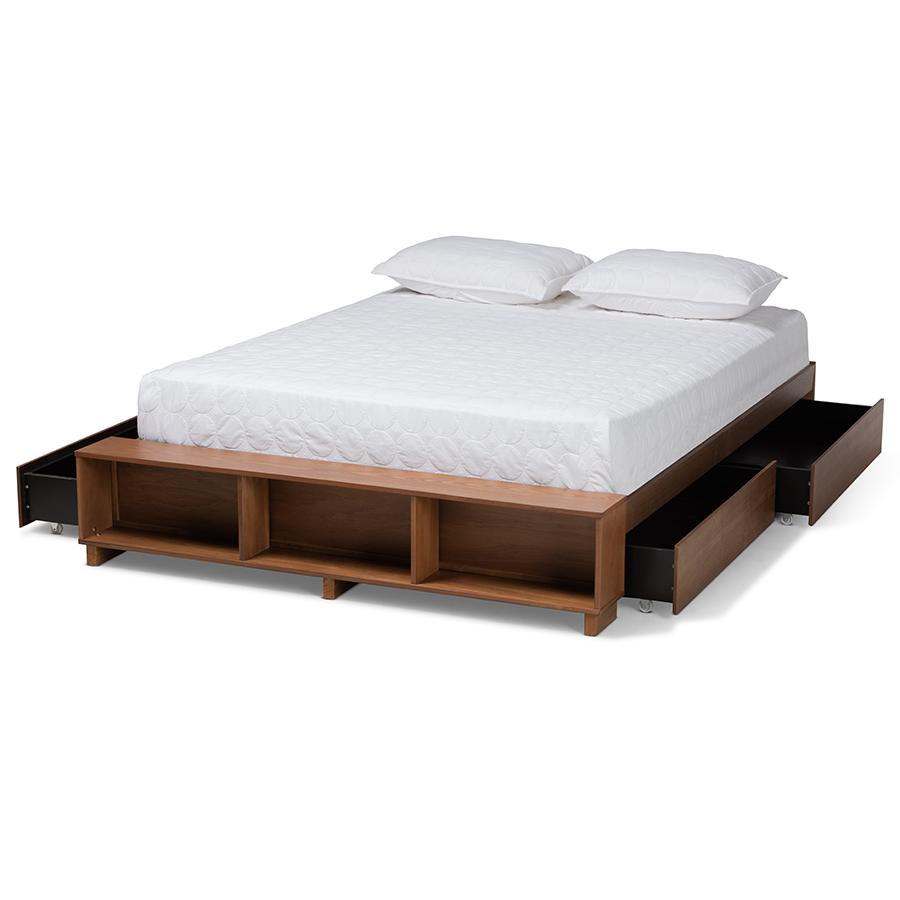 Walnut Brown Finished Wood Queen Size Platform Bed with Built-In Shelves. Picture 2