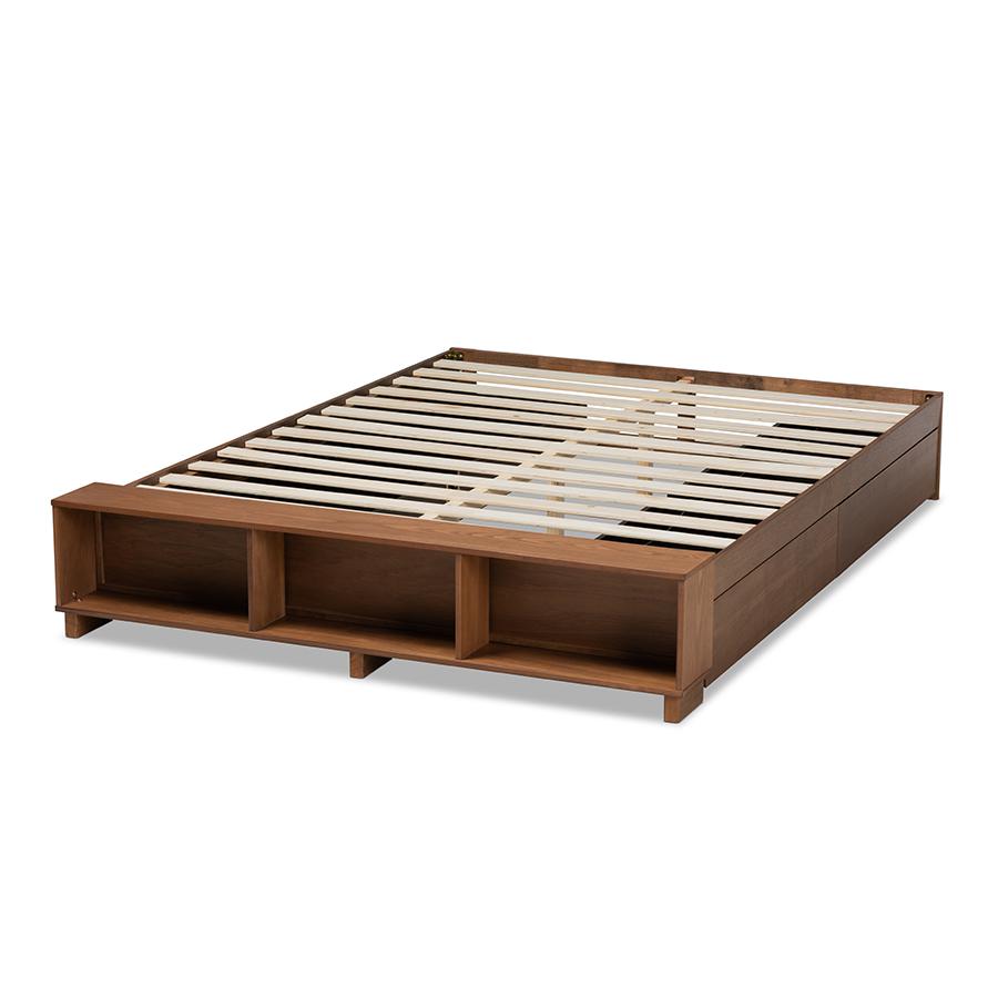 Walnut Brown Finished Wood Queen Size Platform Bed with Built-In Shelves. Picture 4