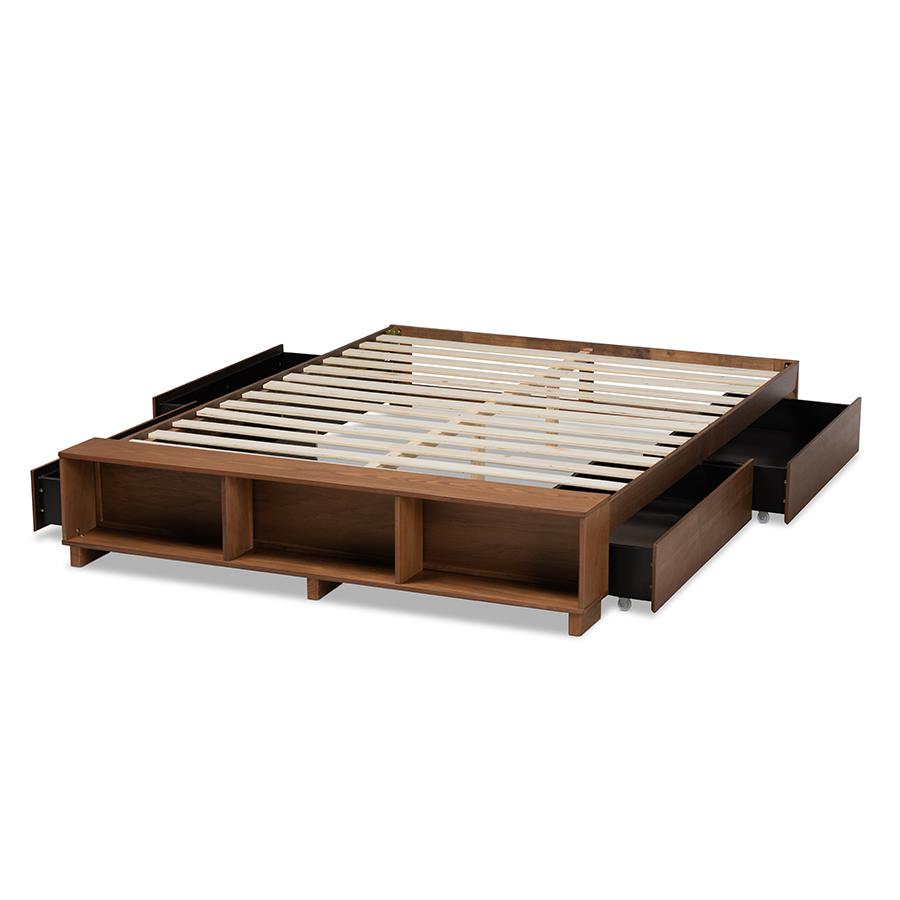 Walnut Brown Finished Wood Queen Size Platform Bed with Built-In Shelves. Picture 5