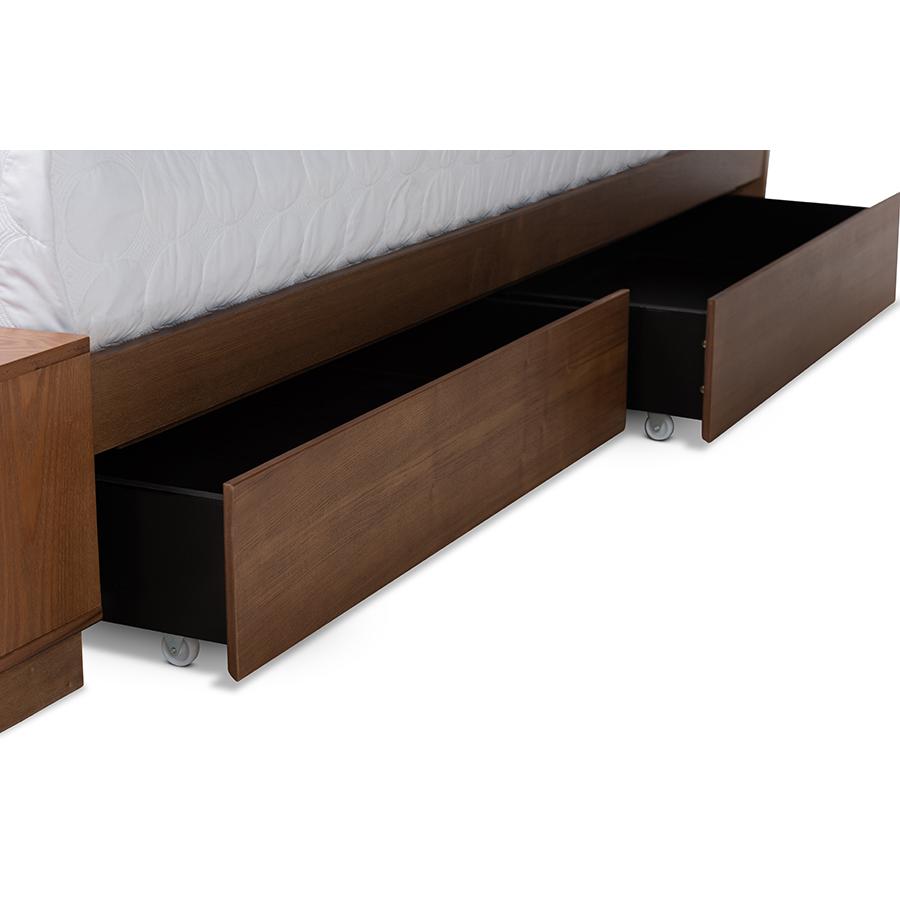 Walnut Brown Finished Wood Queen Size Platform Bed with Built-In Shelves. Picture 6