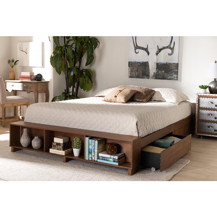 Walnut Brown Finished Wood Queen Size Platform Bed with Built-In Shelves. Picture 9