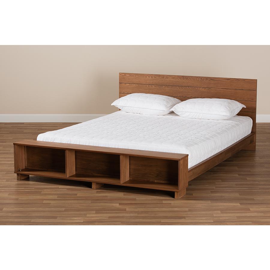 Walnut Brown Finished Wood Queen Size Platform Storage Bed with Built-In Shelves. Picture 7