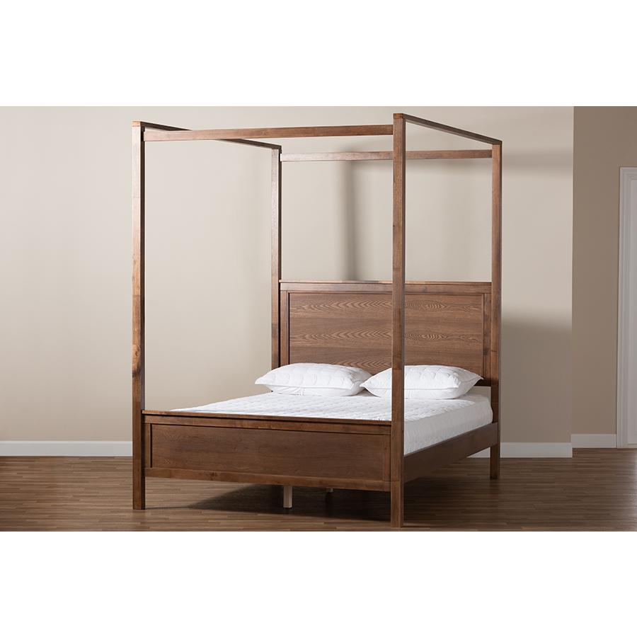 Walnut Brown Finished Wood King Size Platform Canopy Bed. Picture 7