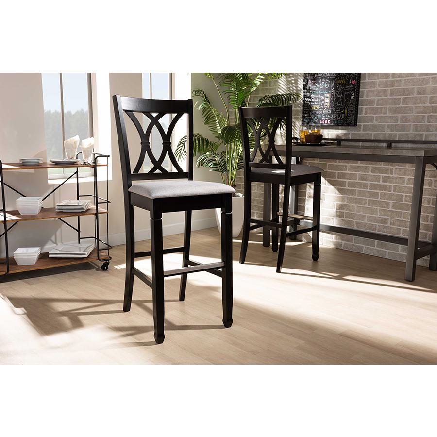 Grey Fabric Upholstered and Espresso Brown Finished Wood 2-Piece Bar Stool Set. Picture 19