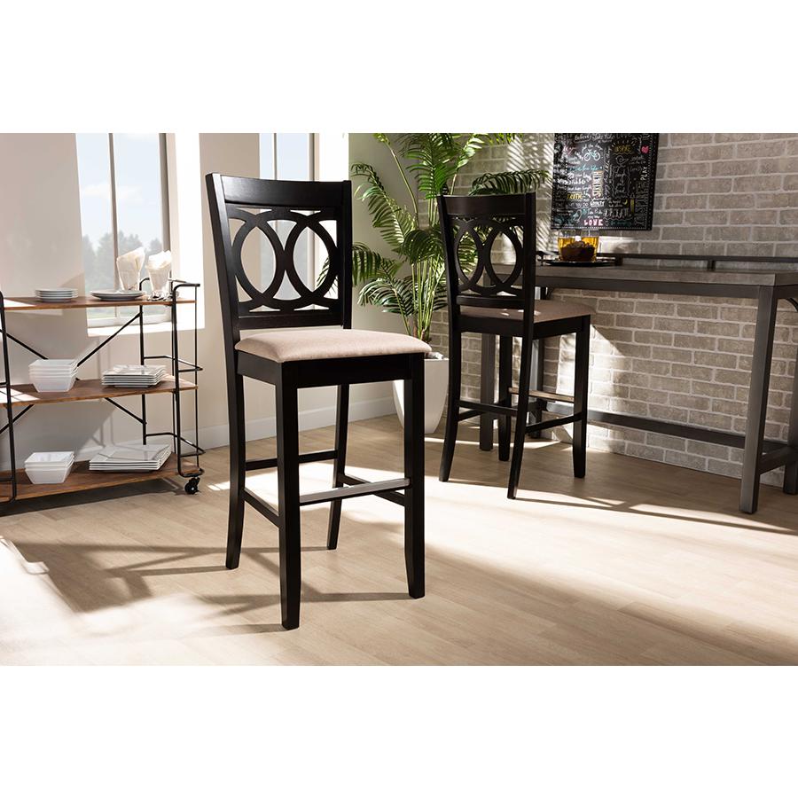 Sand Fabric Upholstered and Espresso Brown Finished Wood 2-Piece Bar Stool Set. Picture 19