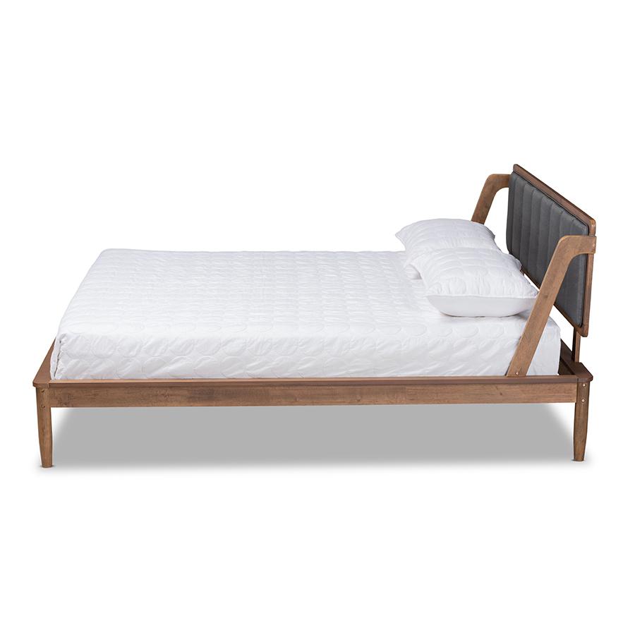 Helsa Mid-Century Modern Dark Grey Fabric Upholstered and Walnut Finished King Size Platform Bed. Picture 2
