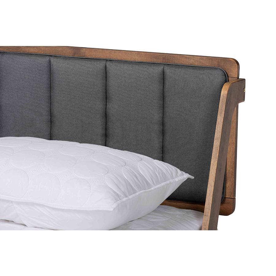Helsa Mid-Century Modern Dark Grey Fabric Upholstered and Walnut Finished King Size Platform Bed. Picture 4