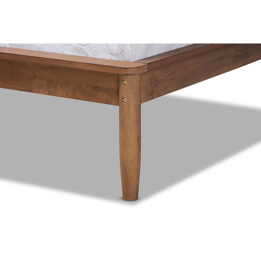 Helsa Mid-Century Modern Dark Grey Fabric Upholstered and Walnut Finished King Size Platform Bed. Picture 5
