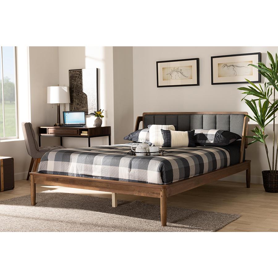 Helsa Mid-Century Modern Dark Grey Fabric Upholstered and Walnut Finished King Size Platform Bed. Picture 6