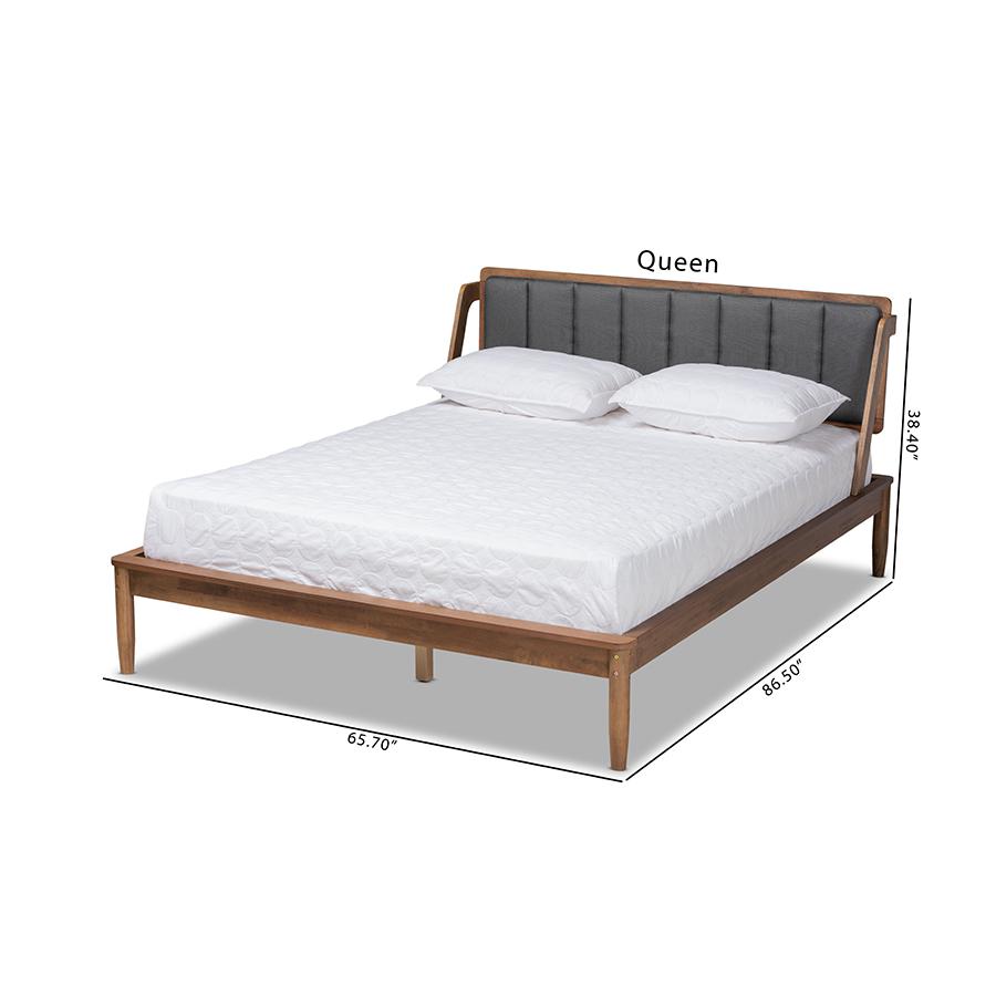 Dark Grey Fabric Upholstered and Walnut Finished Queen Size Platform Bed. Picture 9