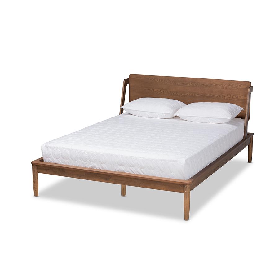 Sadler Mid-Century Modern Ash Walnut Brown Finished Wood Queen Size Platform Bed. Picture 1