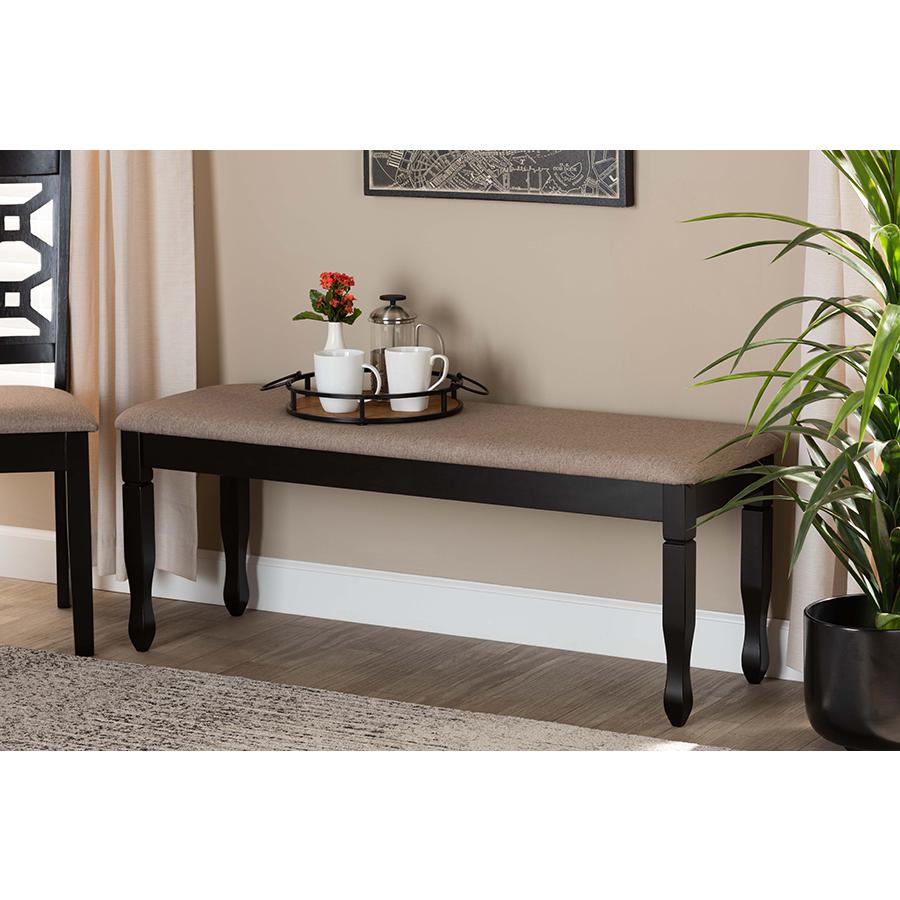 Sand Fabric Upholstered and Dark Brown Finished Wood Dining Bench. Picture 15