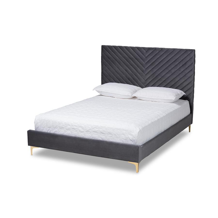 Baxton Studio Fabrico Contemporary Glam and Luxe Grey Velvet Fabric Upholstered and Gold Metal King Size Platform Bed. The main picture.
