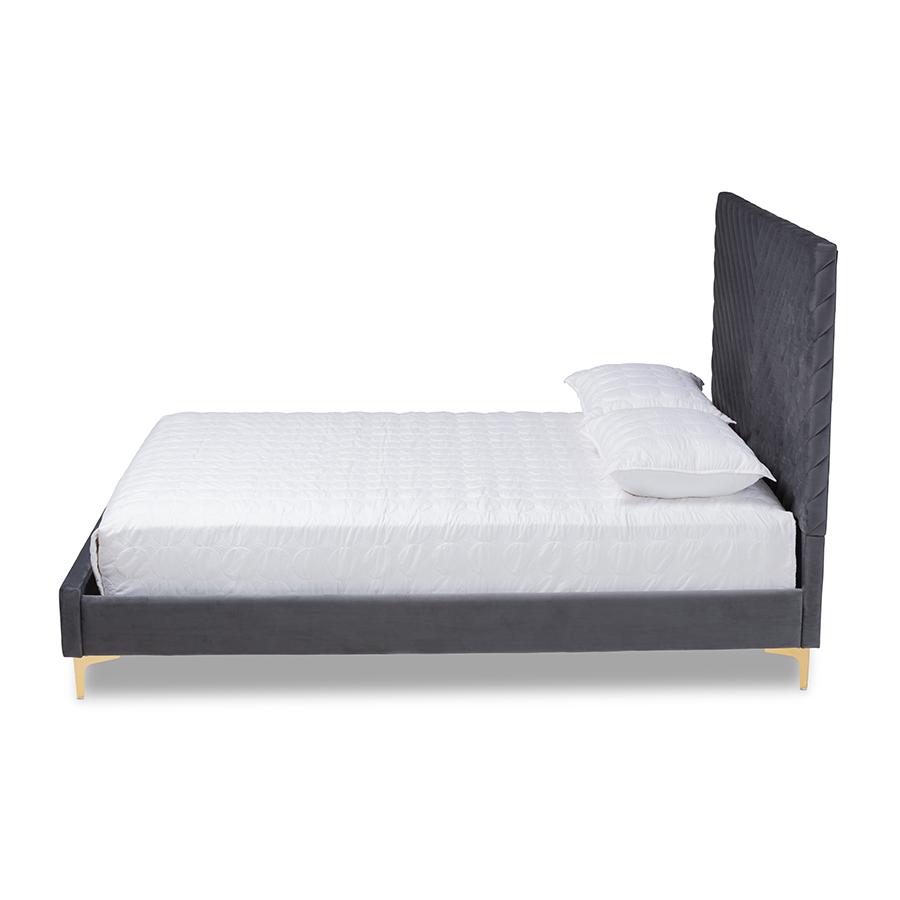 Baxton Studio Fabrico Contemporary Glam and Luxe Grey Velvet Fabric Upholstered and Gold Metal King Size Platform Bed. Picture 3