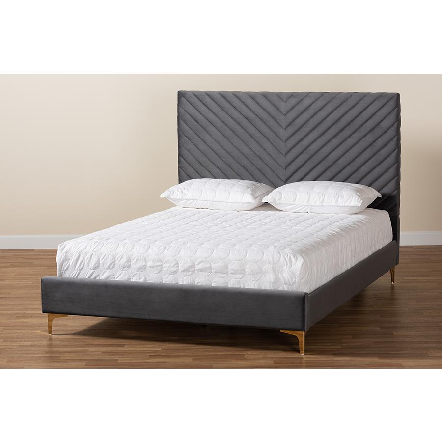 Baxton Studio Fabrico Contemporary Glam and Luxe Grey Velvet Fabric Upholstered and Gold Metal King Size Platform Bed. Picture 9