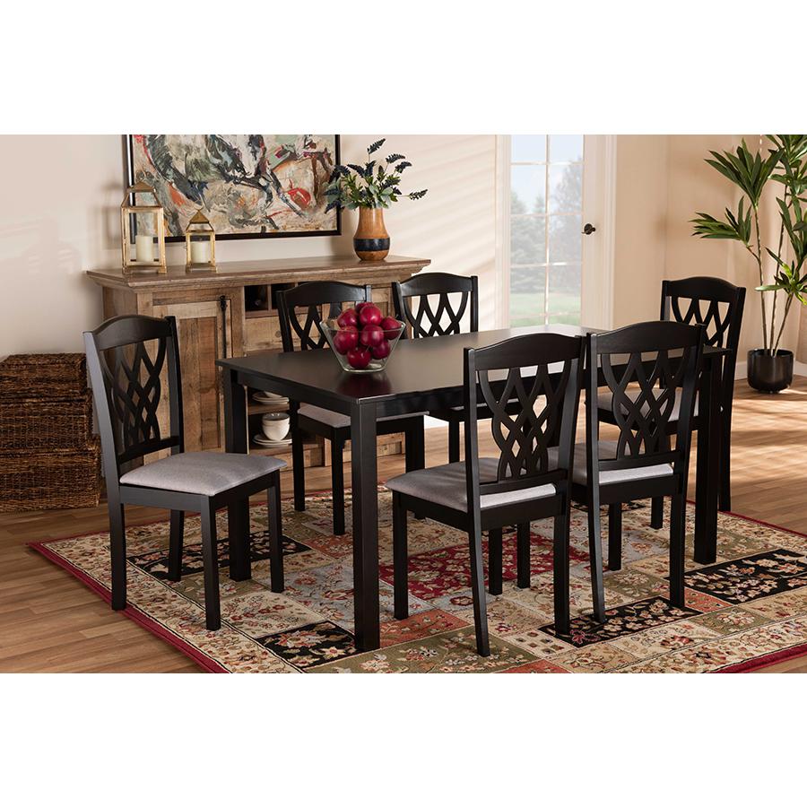 Grey Fabric Upholstered and Dark Brown Finished Wood 7-Piece Dining Set. Picture 17