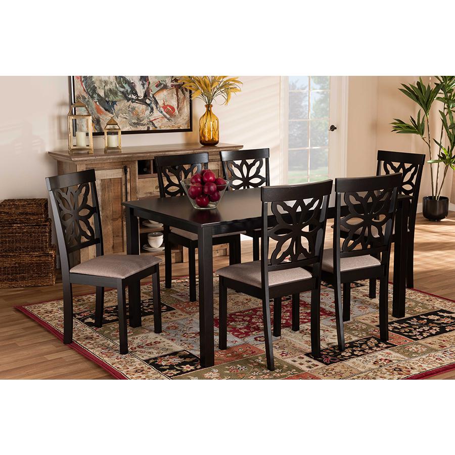 Sand Fabric Upholstered and Dark Brown Finished Wood 7-Piece Dining Set. Picture 17
