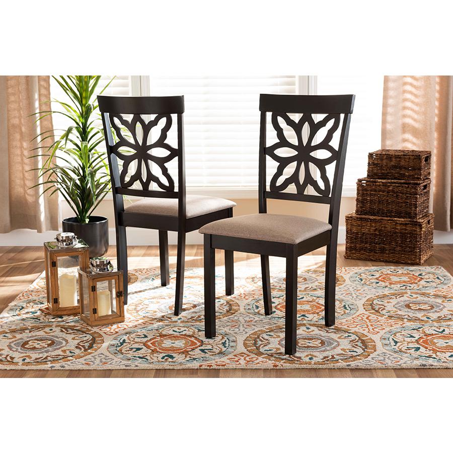Sand Fabric Upholstered and Dark Brown Finished Wood 2-Piece Dining Chair Set. Picture 15