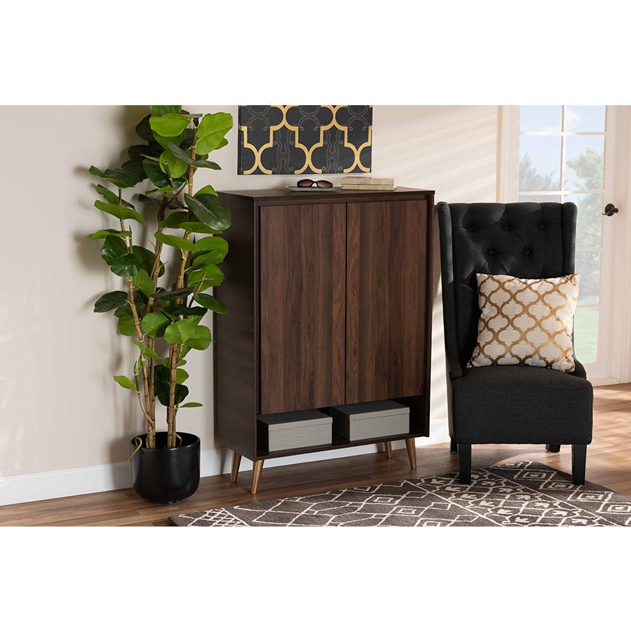 Walnut Brown and Gold Finished Wood 2-Door Entryway Shoe storage Cabinet. Picture 21