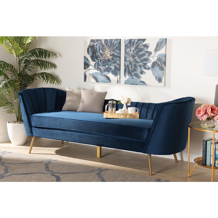 Kailyn Glam and Luxe Navy Blue Velvet Fabric Upholstered and Gold Finished Sofa. Picture 19