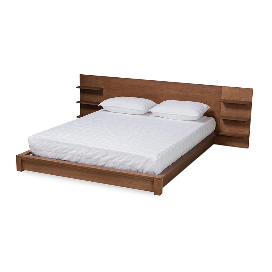 Walnut Brown Finished Wood King Size Platform Storage Bed with Shelves. Picture 1