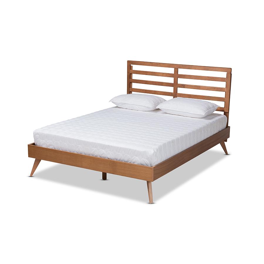 Shiro Mid-Century Modern Ash Walnut Finished Wood Queen Size Platform Bed. Picture 1