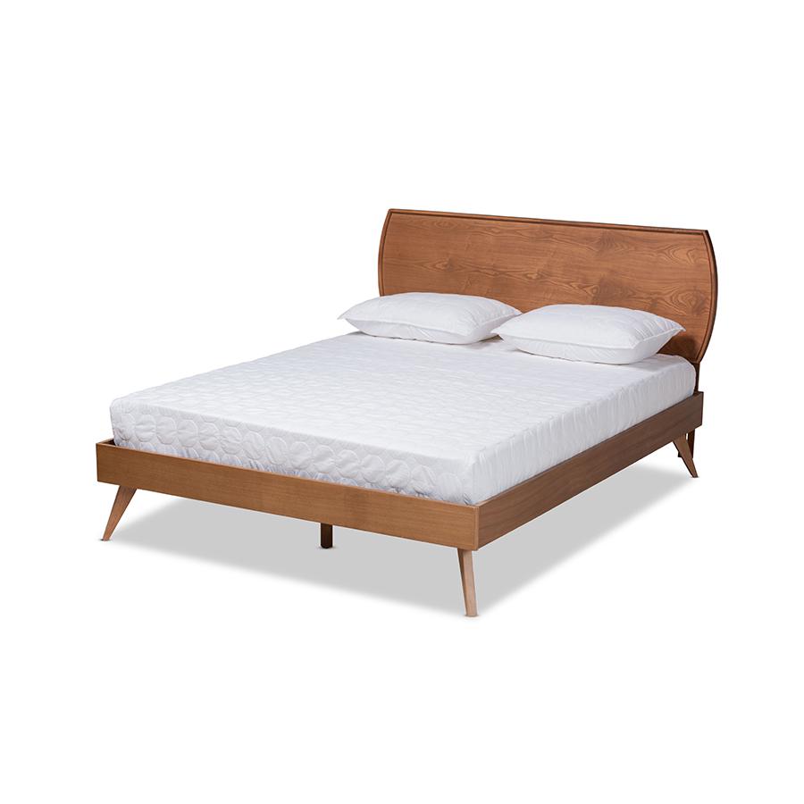 Aimi Mid-Century Modern Walnut Brown Finished Wood Queen Size Platform Bed. Picture 1