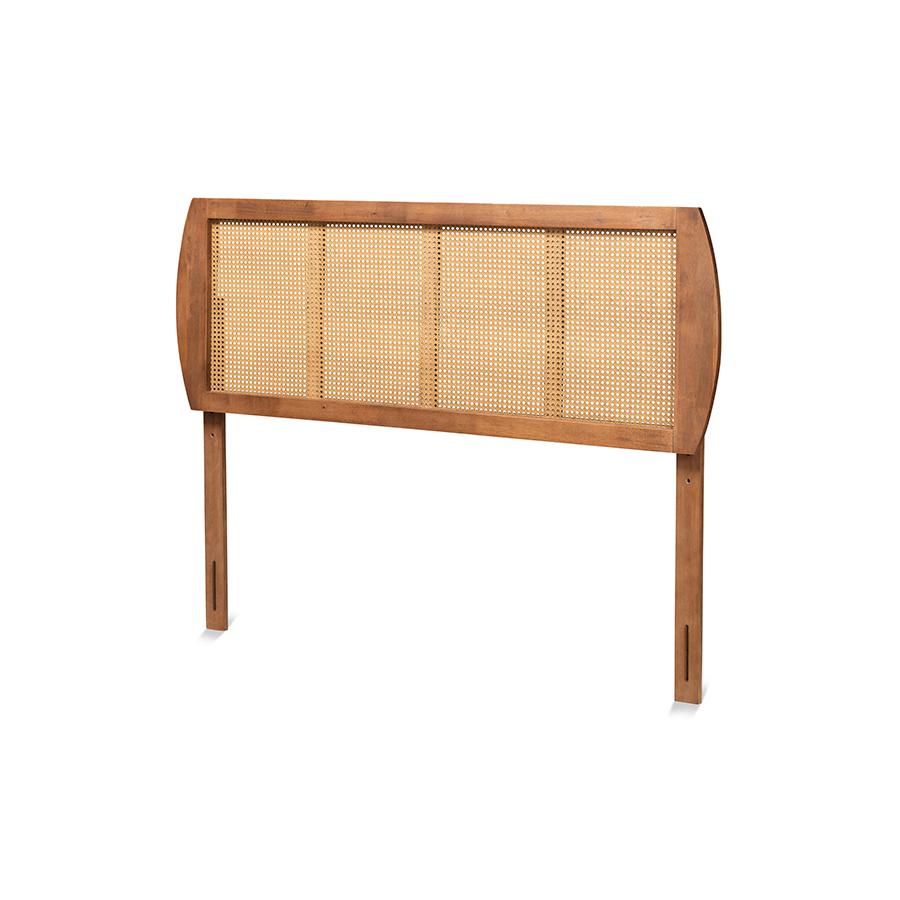 Harris Mid-Century Modern Ash Walnut Finished Wood and Synthetic Rattan King Size Headboard. Picture 1