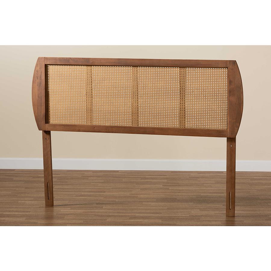 Harris Mid-Century Modern Ash Walnut Finished Wood and Synthetic Rattan King Size Headboard. Picture 4