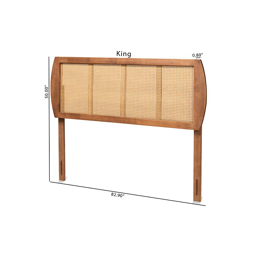 Harris Mid-Century Modern Ash Walnut Finished Wood and Synthetic Rattan King Size Headboard. Picture 6