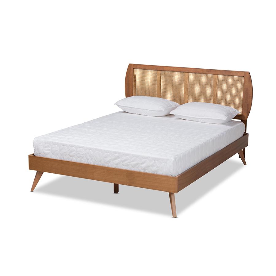 Walnut Brown Finished Wood and Synthetic Rattan Queen Size Platform Bed. Picture 1