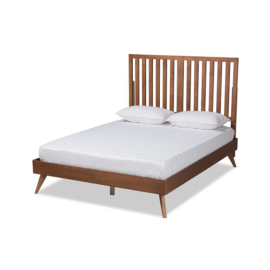 Saki Mid-Century Modern Walnut Brown Finished Wood Queen Size Platform Bed. Picture 1