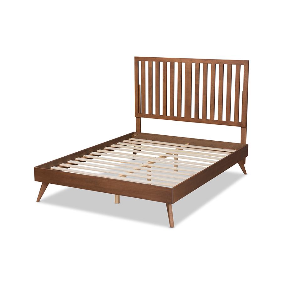Saki Mid-Century Modern Walnut Brown Finished Wood Queen Size Platform Bed. Picture 3