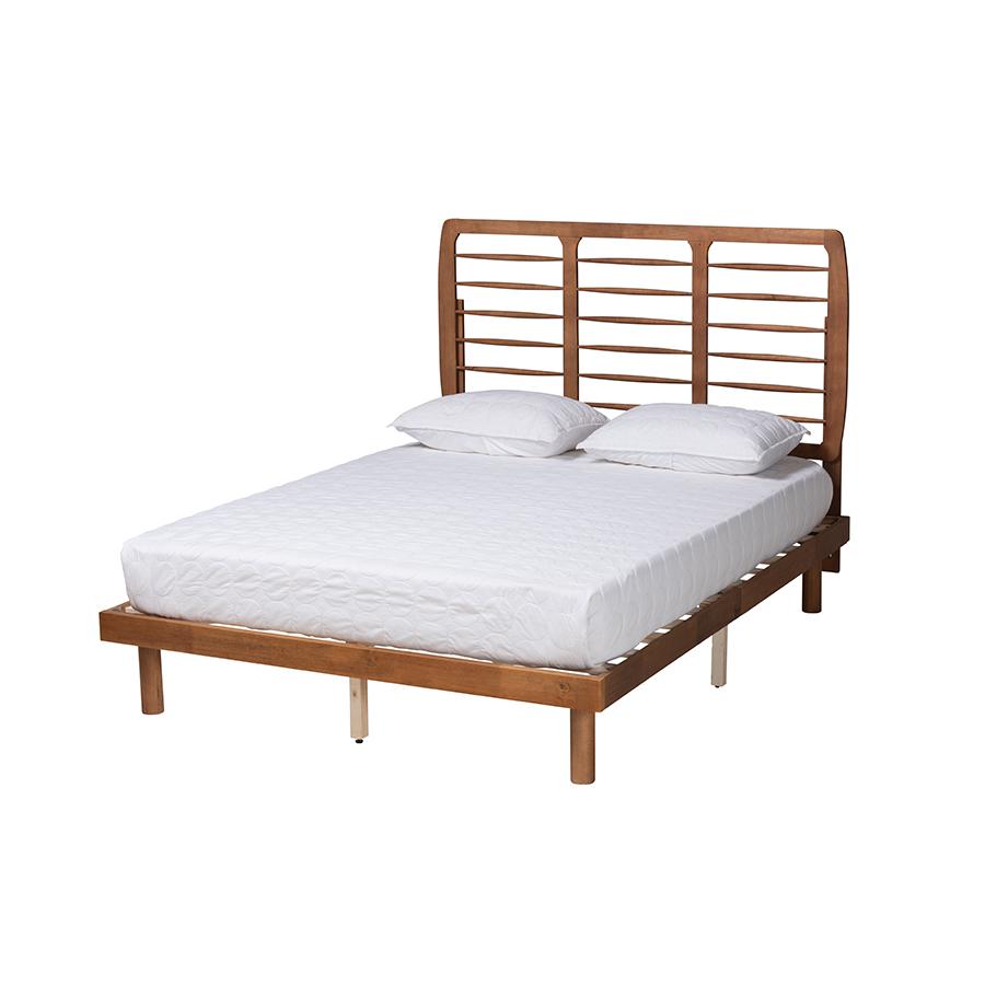 Petra Mid-Century Modern Ash Walnut Finished Wood Queen Size Platform Bed. Picture 1