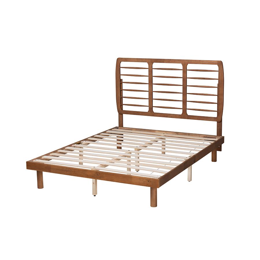 Petra Mid-Century Modern Ash Walnut Finished Wood Queen Size Platform Bed. Picture 3