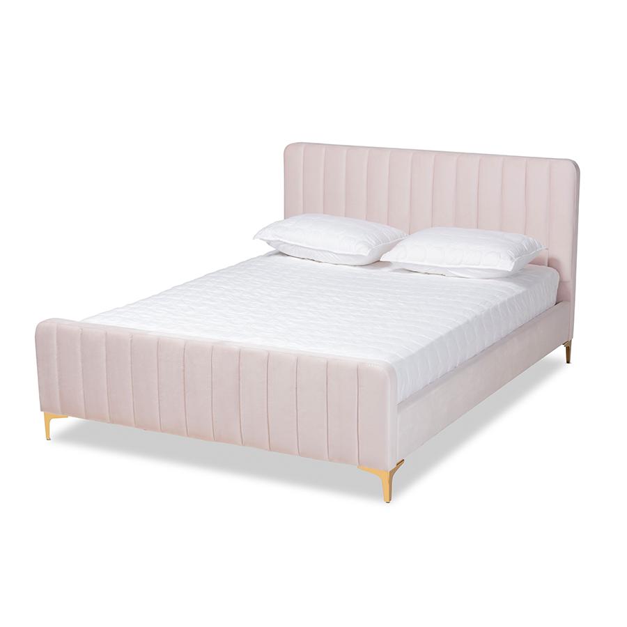 Nami Modern Contemporary Glam and Luxe Light Pink Velvet Fabric Upholstered and Gold Finished King Size Platform Bed. Picture 1
